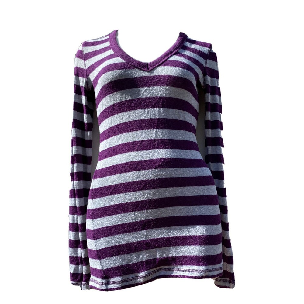 Rue 21 Purple Gray Striped Top Blouse VNeck Womens Sz Small Long Sleeve Stretch